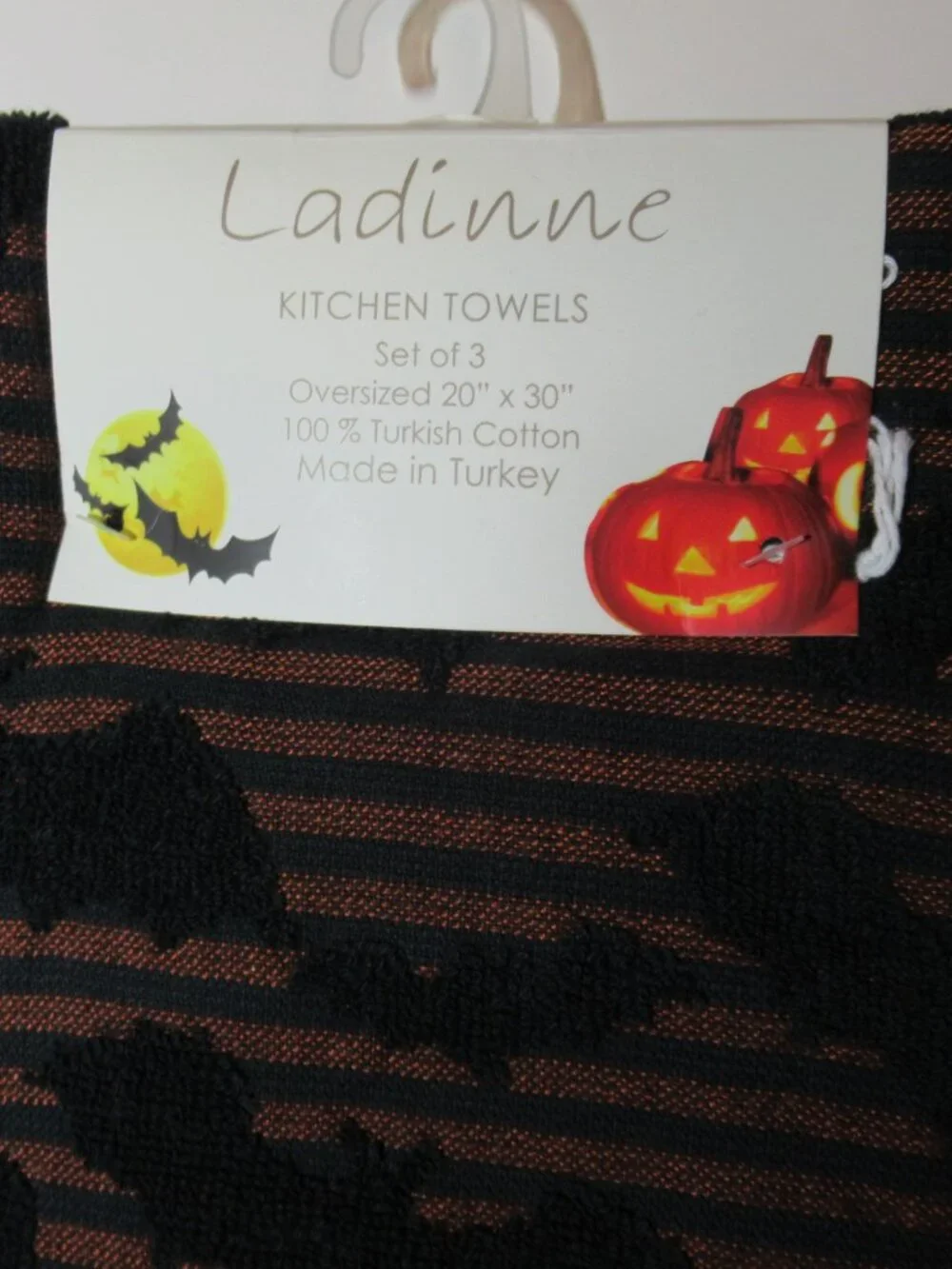 NWT Ladinne Kitchen Towels, Set of 3, Orange & Black Stripes, Halloween Bats
